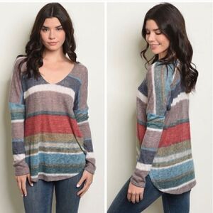 Soprano Striped V Neck Woven Sweater Tunic Sz Small